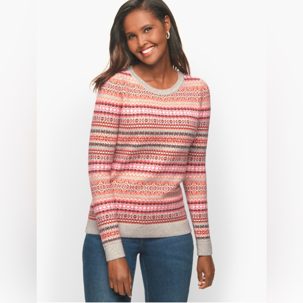 TALBOTS Fair Isle Crewneck Sweater - Pink, gray, red - size Large